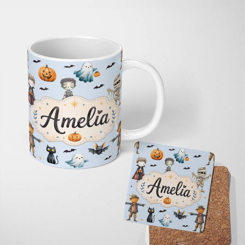 Personalized Custom Name Cute Halloween Zombie Mummy Vampire Bat Spooky Blue Background 11oz Ceramic Coffee Tea Mug White Large Handle