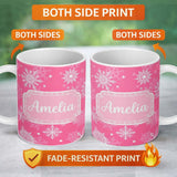 Personalized Custom Name Decorative Pink Snowflakes Stars Seamless Pattern Cute Unique Gift 11oz Ceramic Coffee Tea Mug White Large Handle