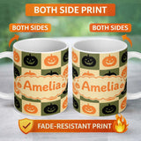 Personalized Custom Name Halloween Pumpkin Faces in Olive and Beige Checkerboard Seamless 11oz Ceramic Coffee Tea Mug White Large Handle