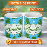 Personalized Custom Name Festive Christmas Trees with White Bows and Stars on Blue Background 11oz Ceramic Coffee Tea Mug White Large Handle