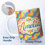 Personalized Custom Name Soft Pastel Rainbow Curved Waves Seamless Pattern Cute Unique Gift 11oz Ceramic Coffee Tea Mug White Large Handle