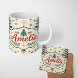Personalized Custom Name Cute Christmas Tree Ornament Starburst Seamless Pattern Lovely 11oz Ceramic Coffee Tea Mug White Large Handle