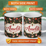 Personalized Custom Name Christmas Stocking Candy Cane Poinsettia Seamless Pattern Festive 11oz Ceramic Coffee Tea Mug White Large Handle