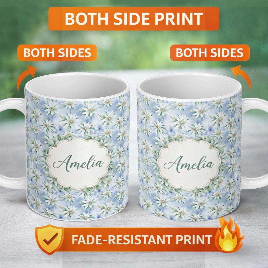 Personalized Custom Name Delicate White Floral on Soft Blue Background Seamless Pattern 11oz Ceramic Coffee Tea Mug White Large Handle