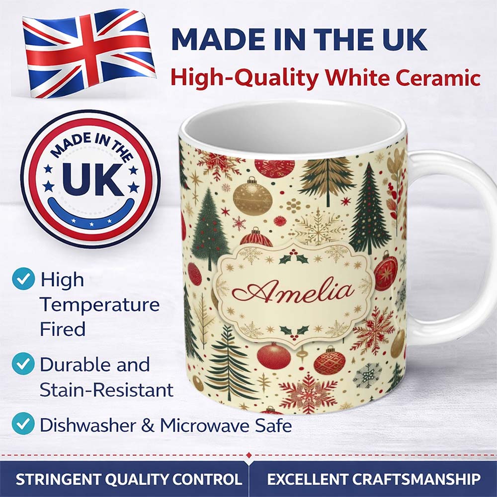 Personalized Custom Name Vintage Christmas Trees Baubles Snowflakes Red Gold Festive Seamless 11oz Ceramic Coffee Tea Mug White Large Handle