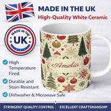 Personalized Custom Name Vintage Christmas Trees Baubles Snowflakes Red Gold Festive Seamless 11oz Ceramic Coffee Tea Mug White Large Handle