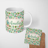 Personalized Custom Name Fresh Green Cactus with Pink Flowers Watercolor Seamless Pattern 11oz Ceramic Coffee Tea Mug White Large Handle