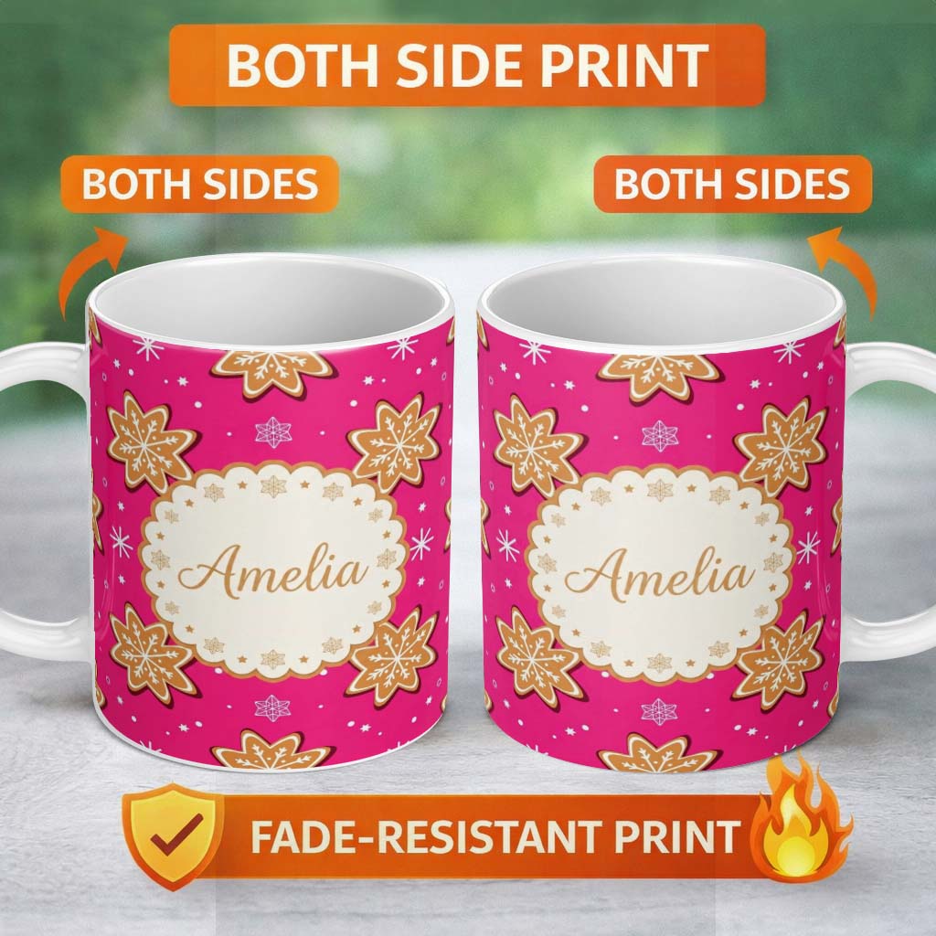 Personalized Custom Name Gingerbread Snowflake Cookie Pink Festive Seamless Pattern Lovely 11oz Ceramic Coffee Tea Mug White Large Handle