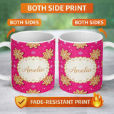 Personalized Custom Name Gingerbread Snowflake Cookie Pink Festive Seamless Pattern Lovely 11oz Ceramic Coffee Tea Mug White Large Handle