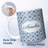Personalized Custom Name Blue Floral Folk Art Seamless Pattern Decorative Botanical Tile 11oz Ceramic Coffee Tea Mug White Large Handle