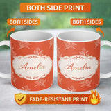 Personalized Custom Name Minimal White Floral Line Art Orange Background Seamless Pattern 11oz Ceramic Coffee Tea Mug White Large Handle