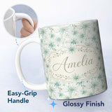 Personalized Custom Name Soft Teal Starflower Watercolor Floral Seamless Pattern Lovely 11oz Ceramic Coffee Tea Mug White Large Handle