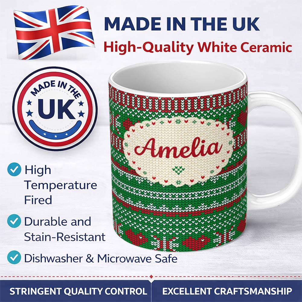Personalized Custom Name Green Red White Classic Nordic Knit Stripe Seamless Pattern Lovely 11oz Ceramic Coffee Tea Mug White Large Handle