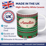 Personalized Custom Name Green Red White Classic Nordic Knit Stripe Seamless Pattern Lovely 11oz Ceramic Coffee Tea Mug White Large Handle