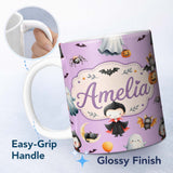 Personalized Custom Name Halloween Vampire Ghost Bat Spooky Character Purple Seamless 11oz Ceramic Coffee Tea Mug White Large Handle