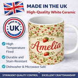 Personalized Custom Name Vintage Strawberries Flowers and Leaves on Cream Background Seamless 11oz Ceramic Coffee Tea Mug White Large Handle