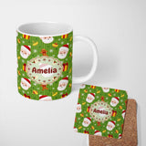 Personalized Custom Name Cute Santa Claus Gingerbread Gift Snowflake Festive Seamless Pattern 11oz Ceramic Coffee Tea Mug White Large Handle