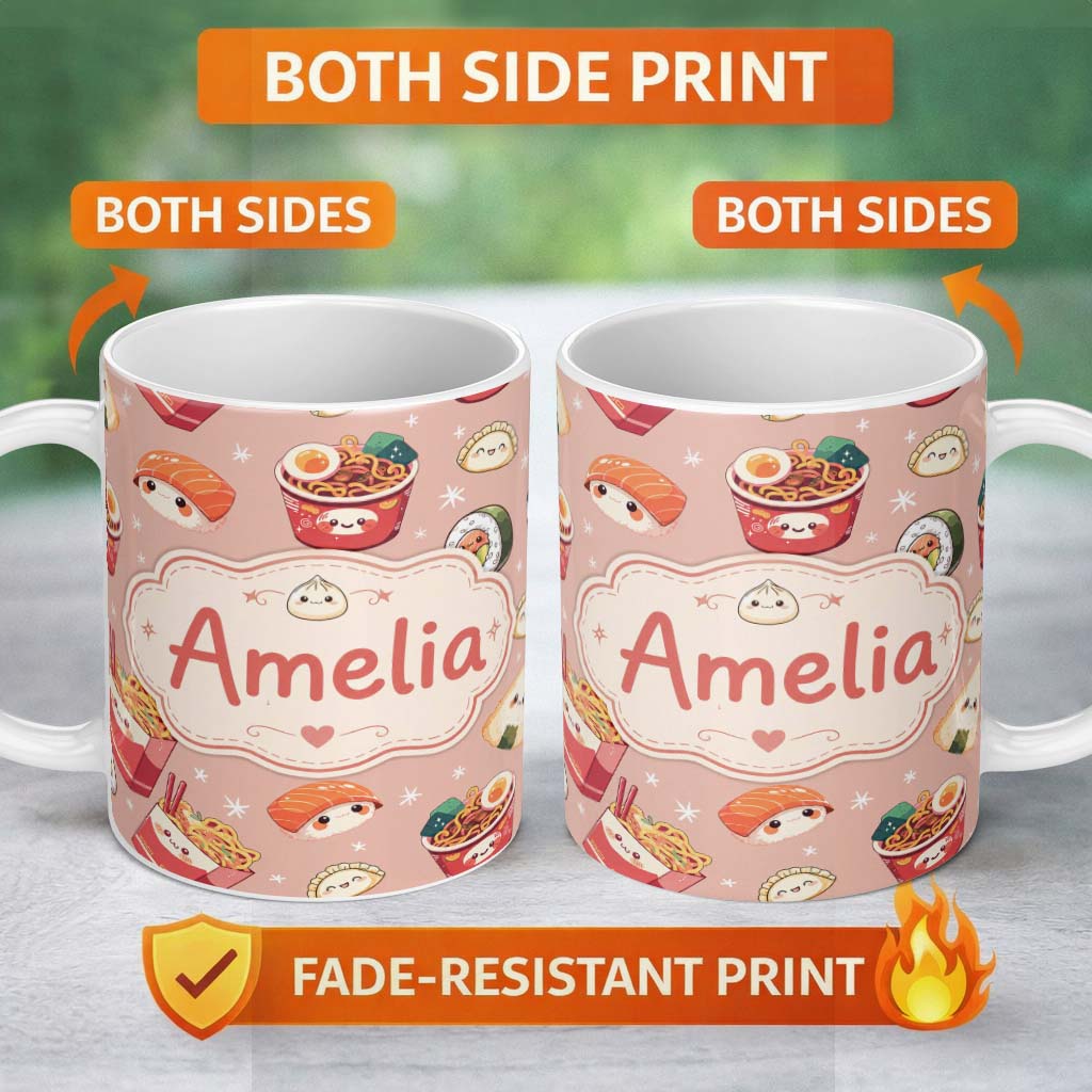 Personalized Custom Name Cute Kawaii Sushi Ramen Dumpling Food Beige Background Seamless 11oz Ceramic Coffee Tea Mug White Large Handle