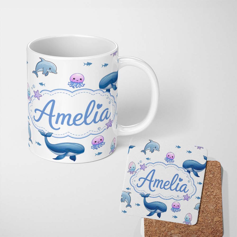 Personalized Custom Name Cute Ocean Animals Dolphin Whale Shark Jellyfish White Background 11oz Ceramic Coffee Tea Mug White Large Handle