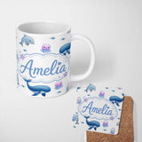 Personalized Custom Name Cute Ocean Animals Dolphin Whale Shark Jellyfish White Background 11oz Ceramic Coffee Tea Mug White Large Handle