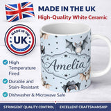 Personalized Custom Name Cute Watercolor Bats and Stars Seamless Pattern Soft Blue Background 11oz Ceramic Coffee Tea Mug White Large Handle