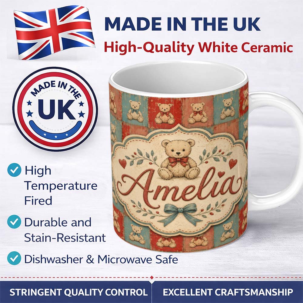 Personalized Custom Name Vintage Teddy Bears Patchwork Style Red and Blue Seamless Pattern 11oz Ceramic Coffee Tea Mug White Large Handle