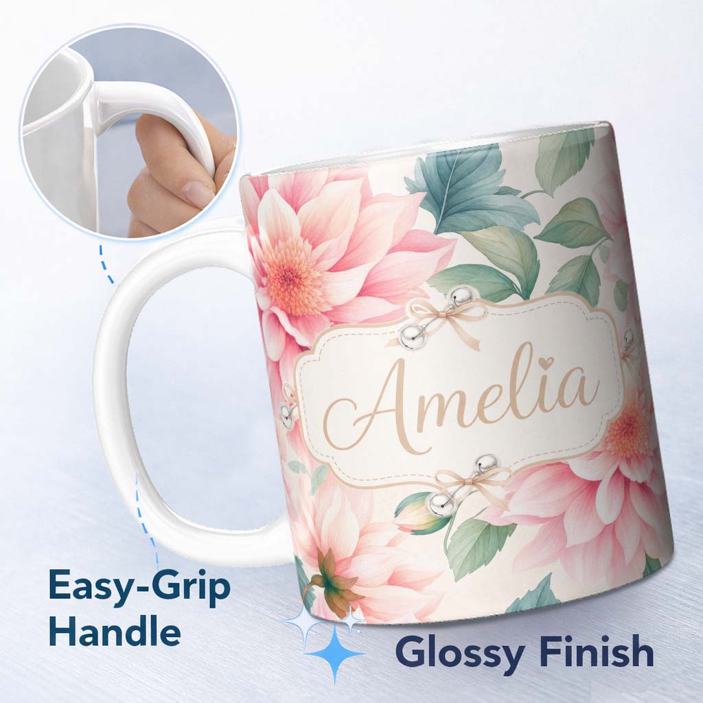 Personalized Custom Name Watercolor Pink Peony Floral Botanical Seamless Pattern Lovely 11oz Ceramic Coffee Tea Mug White Large Handle