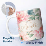 Personalized Custom Name Watercolor Pink Peony Floral Botanical Seamless Pattern Lovely 11oz Ceramic Coffee Tea Mug White Large Handle