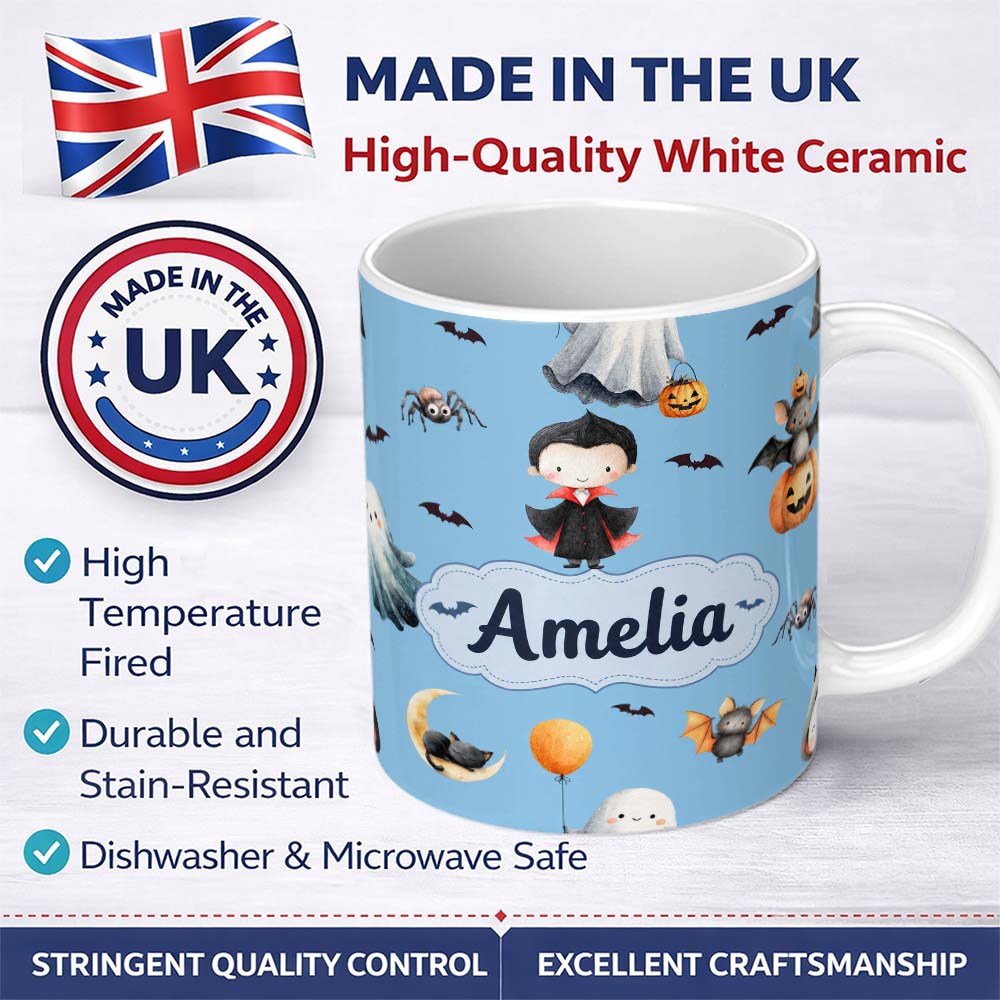 Personalized Custom Name Cute Halloween Dracula Ghost Bats on Blue Background Seamless Lovely 11oz Ceramic Coffee Tea Mug White Large Handle