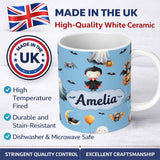 Personalized Custom Name Cute Halloween Dracula Ghost Bats on Blue Background Seamless Lovely 11oz Ceramic Coffee Tea Mug White Large Handle
