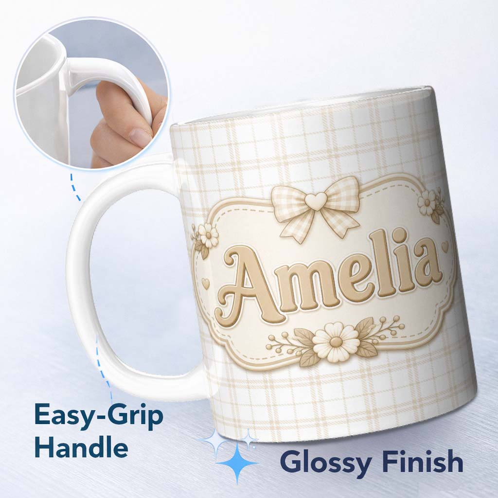 Personalized Custom Name Beige Plaid Check Seamless Pattern on Soft White Background Lovely 11oz Ceramic Coffee Tea Mug White Large Handle