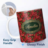 Personalized Custom Name Rich Red Poinsettia Dense Floral Festive Christmas Botanical Design 11oz Ceramic Coffee Tea Mug White Large Handle