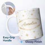 Personalized Custom Name Gold Starburst Minimal Seamless Pattern Thoughtful Gift Idea Lovely 11oz Ceramic Coffee Tea Mug White Large Handle