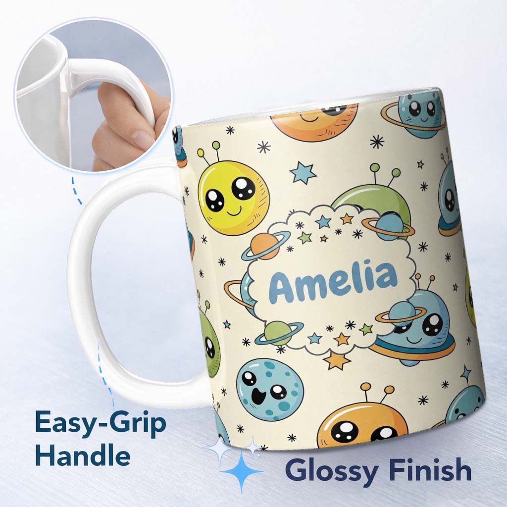 Personalized Custom Name Cute Kawaii Space Planets Aliens Stars Galaxy Seamless Pattern 11oz Ceramic Coffee Tea Mug White Large Handle