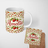 Personalized Custom Name Fresh Strawberries and Green Leaves on Light Background Seamless 11oz Ceramic Coffee Tea Mug White Large Handle