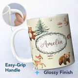 Personalized Custom Name Bear Bunny Squirrel Trees Mushrooms Butterfly Soft Cream Seamless 11oz Ceramic Coffee Tea Mug White Large Handle