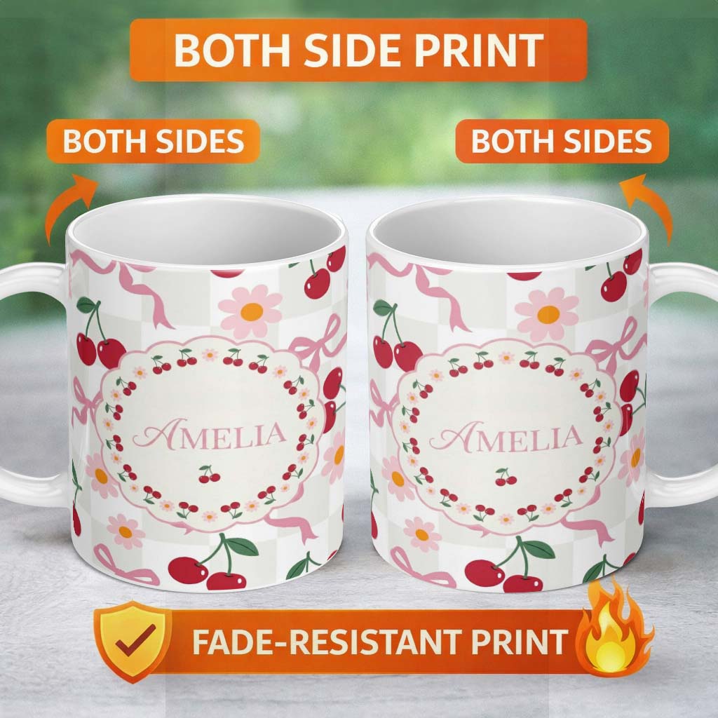 Personalized Custom Name Cute Cherry Bow and Daisy Grey Gingham Seamless Pattern Lovely 11oz Ceramic Coffee Tea Mug White Large Handle