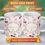 Personalized Custom Name Cute Cherry Bow and Daisy Grey Gingham Seamless Pattern Lovely 11oz Ceramic Coffee Tea Mug White Large Handle