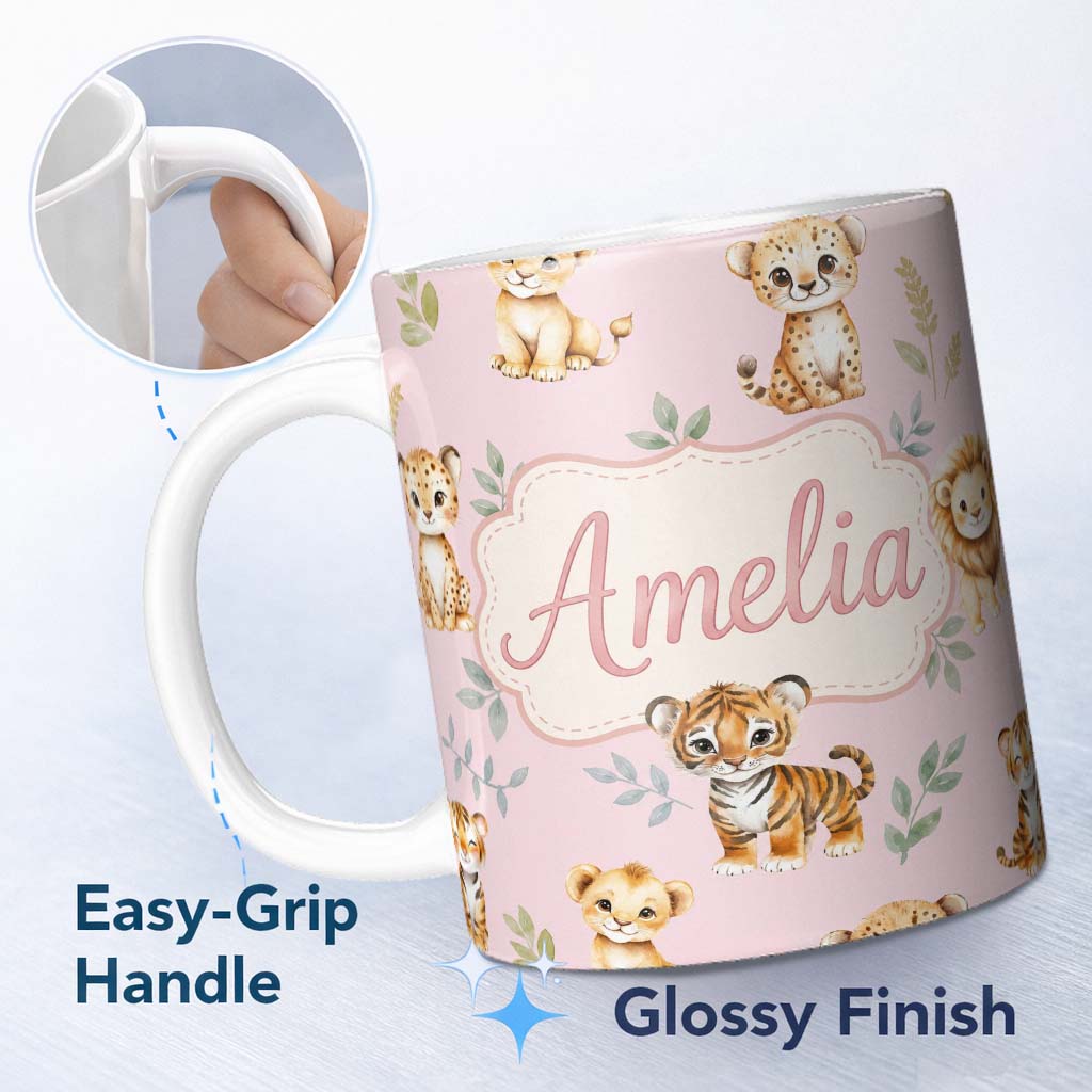 Personalized Custom Name Cute Baby Jungle Animals with Leaves on Dusty Rose Background Lovely 11oz Ceramic Coffee Tea Mug White Large Handle
