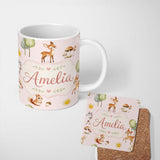 Personalized Custom Name Woodland Deer Fox Squirrel with Trees Mushrooms Soft Pink Seamless 11oz Ceramic Coffee Tea Mug White Large Handle