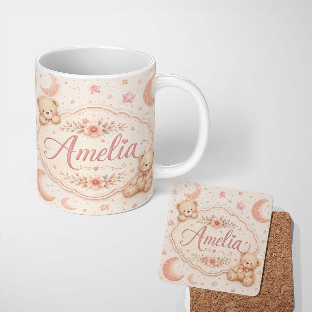 Personalized Custom Name Soft Pink Crescent Moon and Stars Minimal Seamless Pattern Lovely 11oz Ceramic Coffee Tea Mug White Large Handle