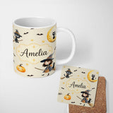 Personalized Custom Name Cute Witch Girl Riding Broom with Black Cat Soft Cream Background 11oz Ceramic Coffee Tea Mug White Large Handle