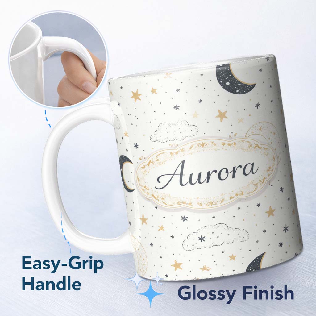 Personalized Custom Name Cute Moon Stars Clouds Nursery Neutral Seamless Pattern Lovely 11oz Ceramic Coffee Tea Mug White Large Handle