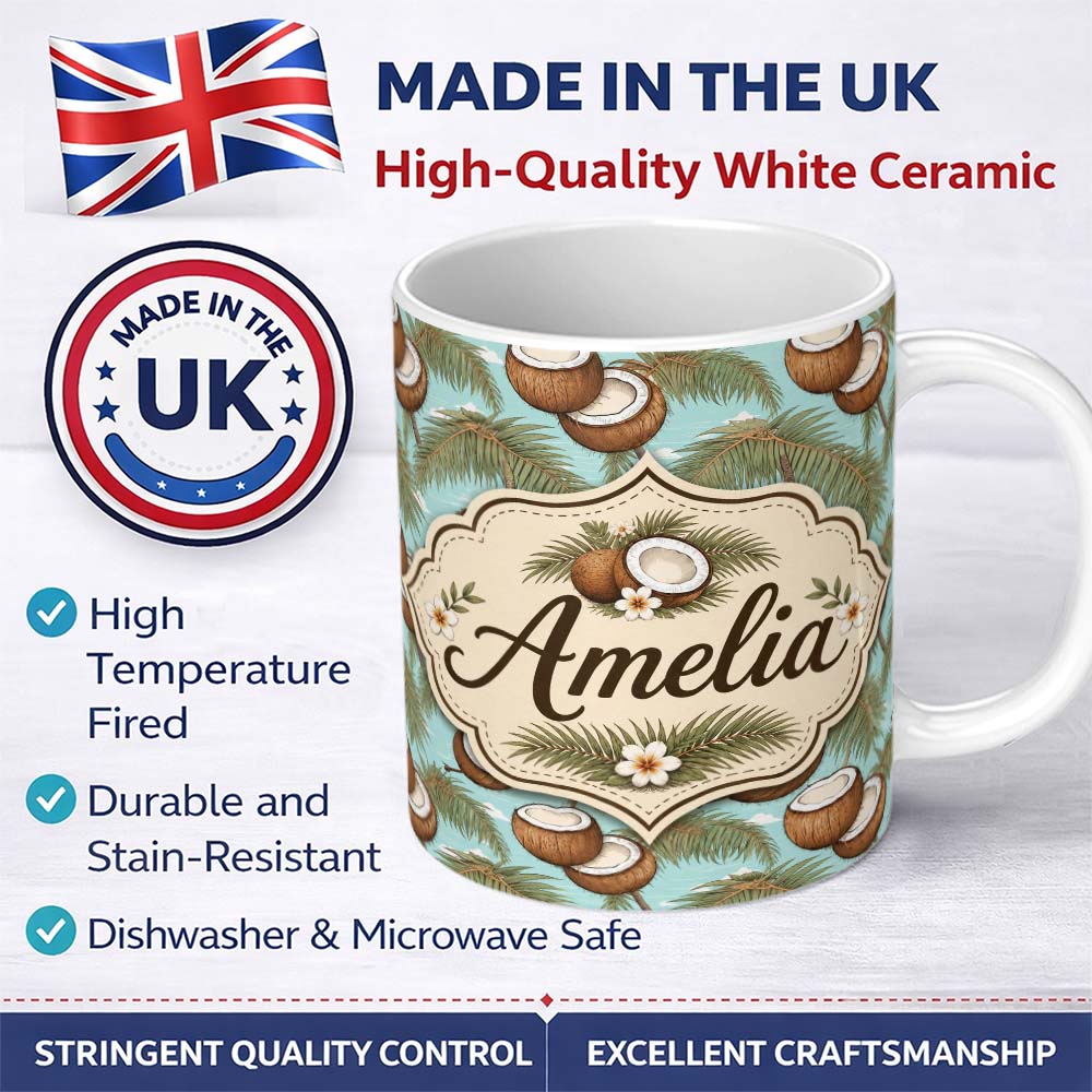 Personalized Custom Name Coastal Coconut Palm Tree Illustration on Sky Blue Beach Scene 11oz Ceramic Coffee Tea Mug White Large Handle