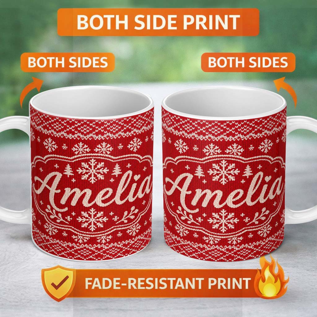 Personalized Custom Name Red Knitted Heart Pattern Christmas Seamless Charming Kitchen Decor 11oz Ceramic Coffee Tea Mug White Large Handle