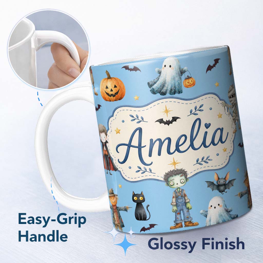 Personalized Custom Name Halloween Zombie Mummy Vampire Bat Spooky Sky Blue Seamless Pattern 11oz Ceramic Coffee Tea Mug White Large Handle