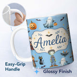 Personalized Custom Name Halloween Zombie Mummy Vampire Bat Spooky Sky Blue Seamless Pattern 11oz Ceramic Coffee Tea Mug White Large Handle