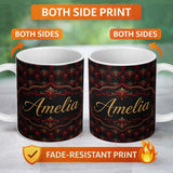 Personalized Custom Name Luxury Red Black Baroque Ornamental Seamless Pattern Lovely 11oz Ceramic Coffee Tea Mug White Large Handle