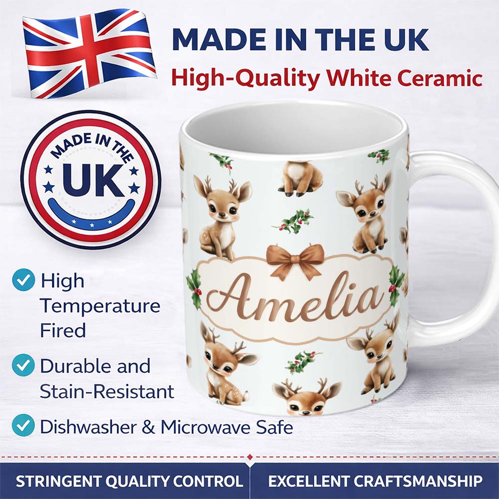 Personalized Custom Name Cute Baby Reindeer Holly Christmas Seamless Pattern Cute Unique Gift 11oz Ceramic Coffee Tea Mug White Large Handle