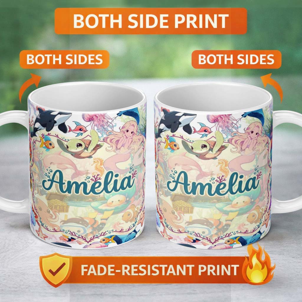 Personalized Custom Name Cute Underwater Ocean Scene Mermaid Dolphin Turtle Treasure White 11oz Ceramic Coffee Tea Mug White Large Handle
